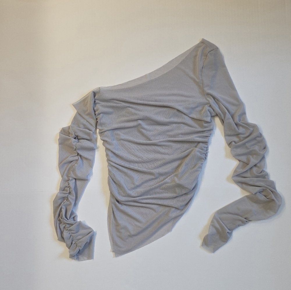 Grey Sheer Asymmetric One Shoulder Long Sleeves Top Mesh Smocked Y2K Fall Chic